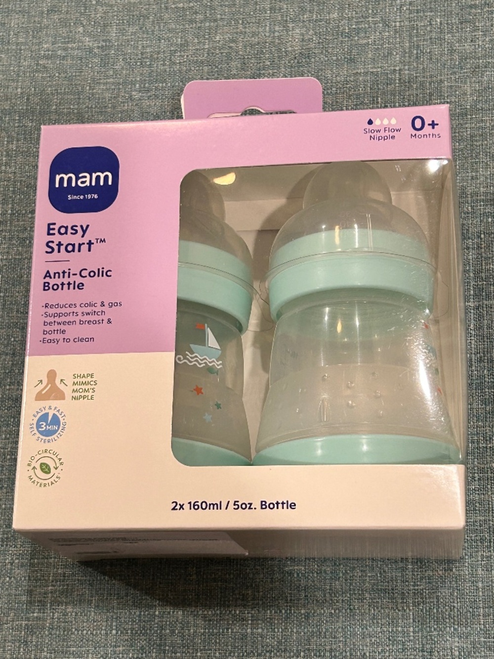 MAM Easy Start Anti-Colic Self-Sterilising Bottle Set Blue 2x160ml Slow 0M+